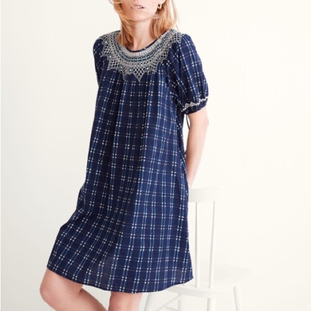 Madewell Navy Plaid Mini Dress with Ivory Embroidered Yoke